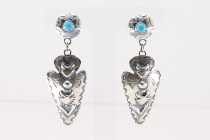 Native America Navajo Sterling Silver Turquoise Post / Dangling Earring's By Tim Yazzie.