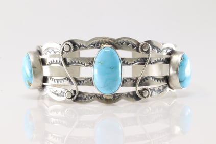 Native America Navajo Sterling Silver Kingman Turquoise Bracelet Cuff By P.Johnsnon.