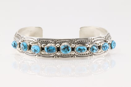 Native America Navajo Sterling Silver Turquoise Bracelet Cuff By G.S.