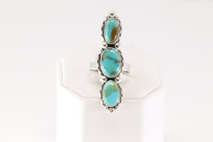 Native American Navajo Sterling Silver Kingman Turquoise Ring 3 Stone By S.