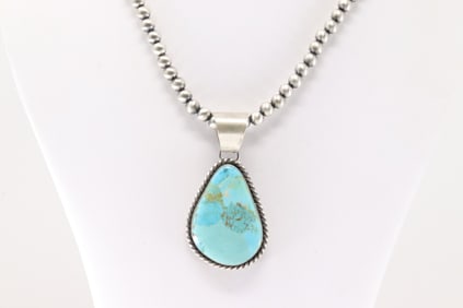 Native American Navajo Sterling Silver Kingman Turquoise Pendant By Donovan Skeets. With Sterling