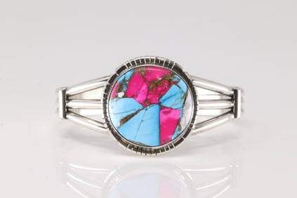 Native American Navajo Sterling Silver Turquoise Compressed Bracelet Cuff By S.E.