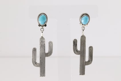 Native American Navajo Sterling Silver Turquoise Cactus Post / Dangling Earring's By Annie Spencer.