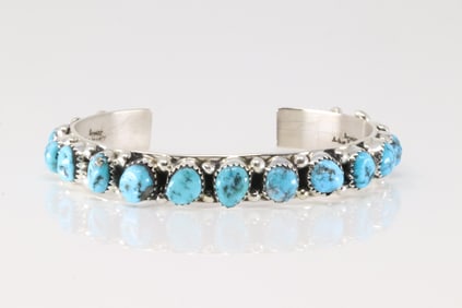 Native American Navajo Sterling Silver Kingman Turquoise Bracelet Cuff By D.