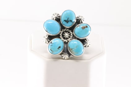 Native America Navajo Sterling Silver Turquoise Flower Ring By Donovan Skeest.