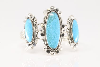 Native America Navajo Sterling Silver Turquoise Bracelet Cuff By Loretta Delgarito.