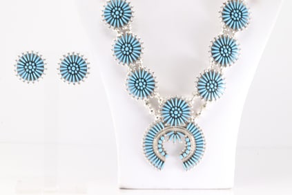 Native America Zuni Sterling Silver Kingman Turquoise Necklace & Eearring's Set By Sibert B.