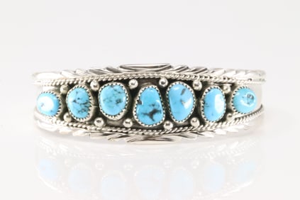 Native America Navajo Sterling Silver Turquoise Bracelet Cuff By Anita Whitegoat.