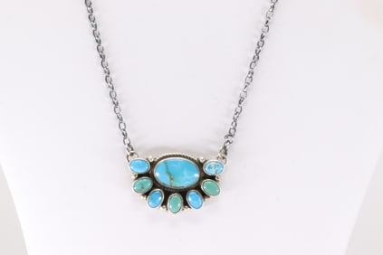 Native American Navajo Sterling Silver Kingman Turquoise Necklace By Geraldine James.