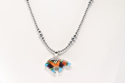Native America Navajo Sterling Silver Multi-Color Stone Inlay Bear Pendant with Pearl Beaded