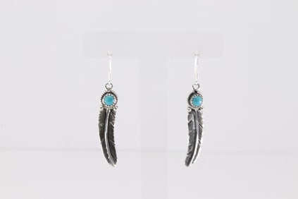 Native America Navajo Sterling Silver Turquoise Feather Dangling Earring's By Sharon McCarthy.