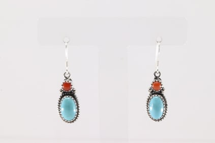 Native American Navajo Sterling Silver Coral & Turquoise Dangling Earring's By Gary Shorty.