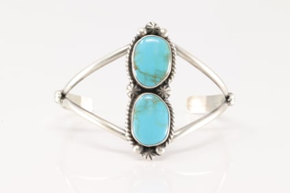 Native America Navajo Sterling Silver Kingman Turquoise Bracelet Cuff By Alfred Martinez.