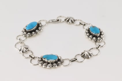 Native America Navajo Sterling Silver Turquoise Bracelet Link By Arlene Lewis.