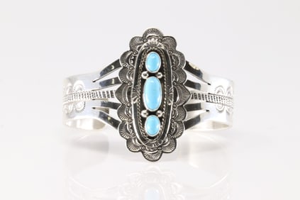 Native America Navajo Sterling Silver Turquoise Bracelet 3 Stone Cuff By Eula Wylie.