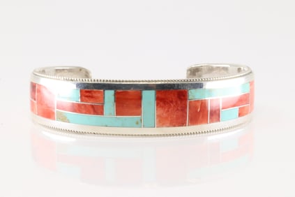 Native American Zuni Sterling Silver Spiny Oyster & Turquoise Inlay Bracelet Cuff By Glendora