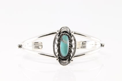 Native America Navajo Sterling Silver Turquoise Bracelet Cuff By Sadie Jim.