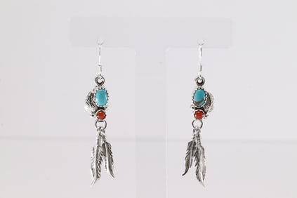 Native America Navajo Sterling Silver Coral & Turquoise Dangling Earring's By Rita Largo.