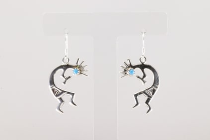 Native America Navajo Sterling Silver Turquoise Kokopelli Dangling Earring's By Lorraine Chee.