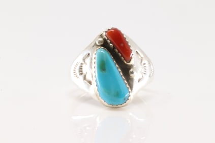 Native America Zuni Sterling Silver Coral & Turquoise Ring By M.L.