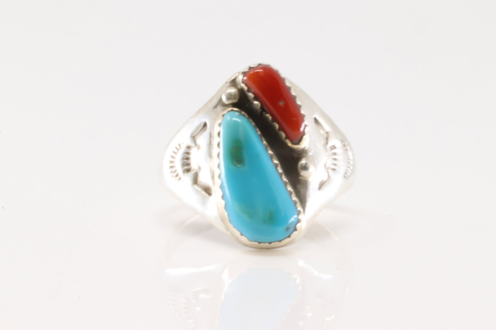 Native America Zuni Sterling Silver Coral & Turquoise Ring By M.L. (1 of 4)