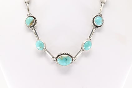 Native America Navajo Sterling Silver Kingman Turquoise Necklace By Augustine Largo.