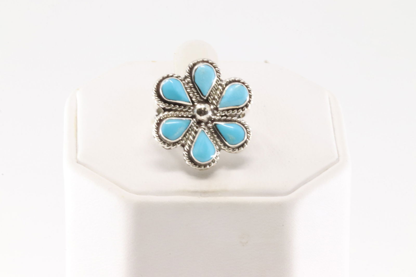 Native America Zuni Sterling Silver Turquoise Ring Flower By C.L. (1 of 4)