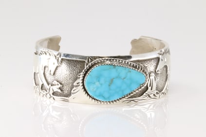Native America Navajo Sterling Silver Kingman Turquoise Horse Bracelet Cuff By B.