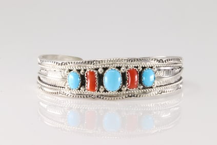 Native America Navajo Sterling Silver Coral & Turquoise Bracelet Cuff By Dine Begaye.