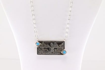 Native America Navajo Sterling Silver Turquoise Storyteller Necklace By Robin Wood.