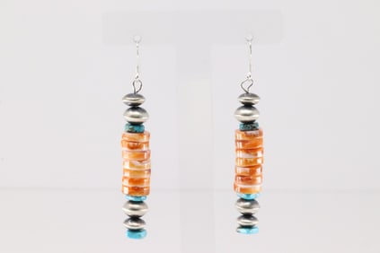 Native American Navajo Sterling Silver Spiny Oyster & Turquoise Dangling Earring's.