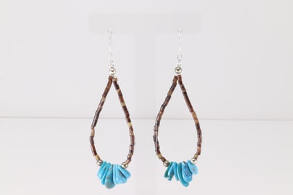 Native America Navajo Sterling Silver Turquoise & Brown Stone Dangling Earring's.