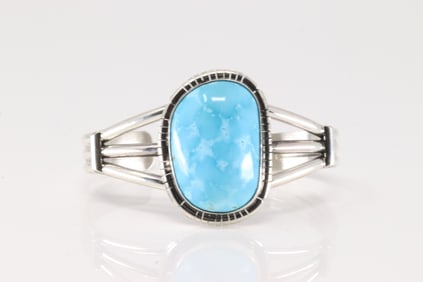 Native America Navajo Sterling Silver Kingman Turquoise Bracelet Cuff By S.E.