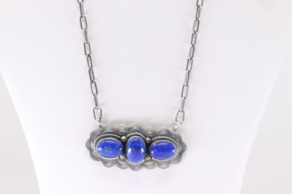 Native America Navajo Sterling Silver Blue Lapis Stone Necklace By Kee Johnson.