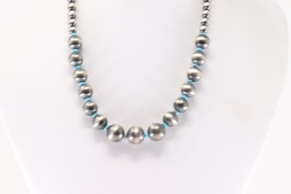 Native America Navajo Sterling Silver Pearl Beaded & Turquoise Necklace.