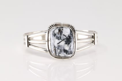 Native America Navajo Sterling Silver White Buffalo Bracelet Cuff By S.E.