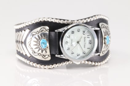 Native America Navajo Sterling Silver Turquoise Watch Leather Bracelet Cuff By F.Amrstrong.