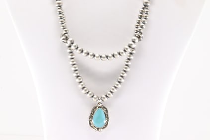 Native America Navajo Sterling Silver Double Strand Pearl Beaded / Turquoise Necklace By R.B.