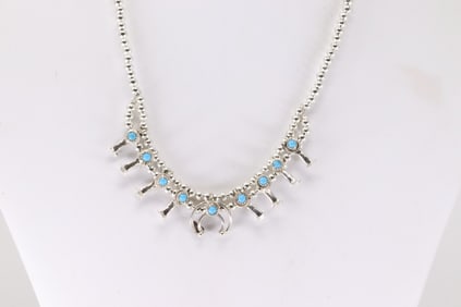 Native America Navajo Sterling Silver Turquoise Baby Squash Necklace By N.V.R.