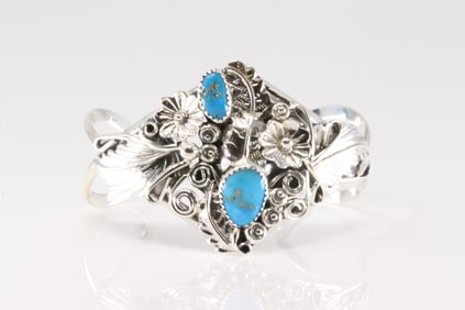 Native America Navajo Sterling Silver Turquoise Bracelet Floral Cuff By Harry B.Yazzie.