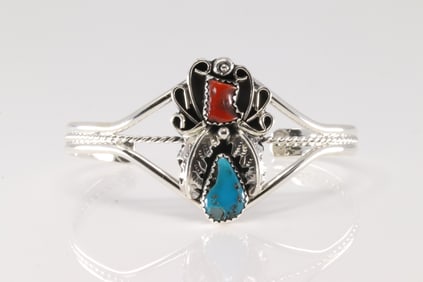 Native America Navajo Sterling Silver Coral & Turquoise Bracelet Cuff By Harry B.Yazzie.