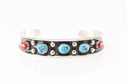 Native American Navajo Sterling Silver Coral & Turquoise Bracelet Cuff By Paul Largo.