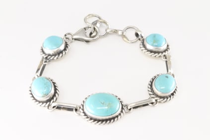 Native America Navajo Sterling Silver Kingman Turquoise Bracelet Link By Augustine Largo.