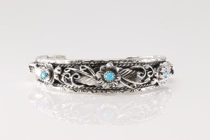Native America Navajo Sterling Silver Turquoise Bracelet Floral Cuff By Bessie Joe.