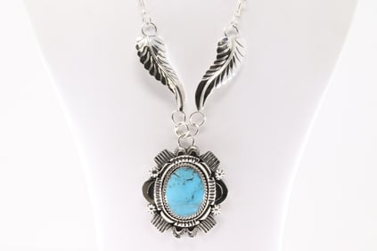 Native American Navajo Sterling Silver Turquoise Necklace Leaf By Jimson Belin.