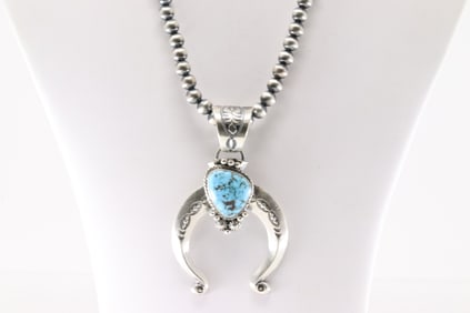 Native America Navajo Sterling Silver Kingman Turquoise Naja Necklace By Samule Yellowhair.
