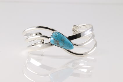 Native America Navajo Sterling Silver Turquoise Bracelet Cuff By Charlene Yazzie.