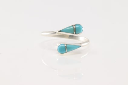 Native America Zuni Sterling Silver Turquoise Inlay Ring By RVN.