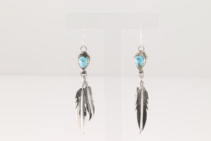Native America Navajo Sterling Silver Turquoise Dangling Feather Earring's By Sharon McCarthy.