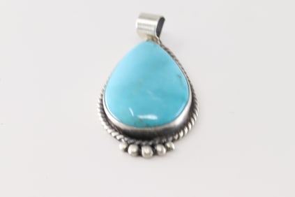 Native America Navajo Sterling Silver Kingman Turquoise Pendant By Judith Dixon.